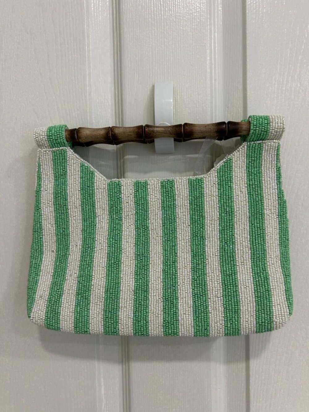 Beaded Bag Made In Striped Seaweed Seashells Clutch Bamboo Handles NWT - Picture 3 of 4